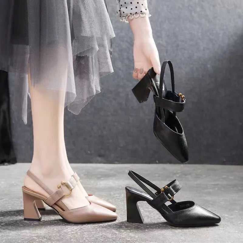 Women's Leather Chunky Heel Slingback Sandals
