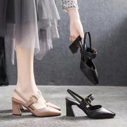 Women's Leather Chunky Heel Slingback Sandals