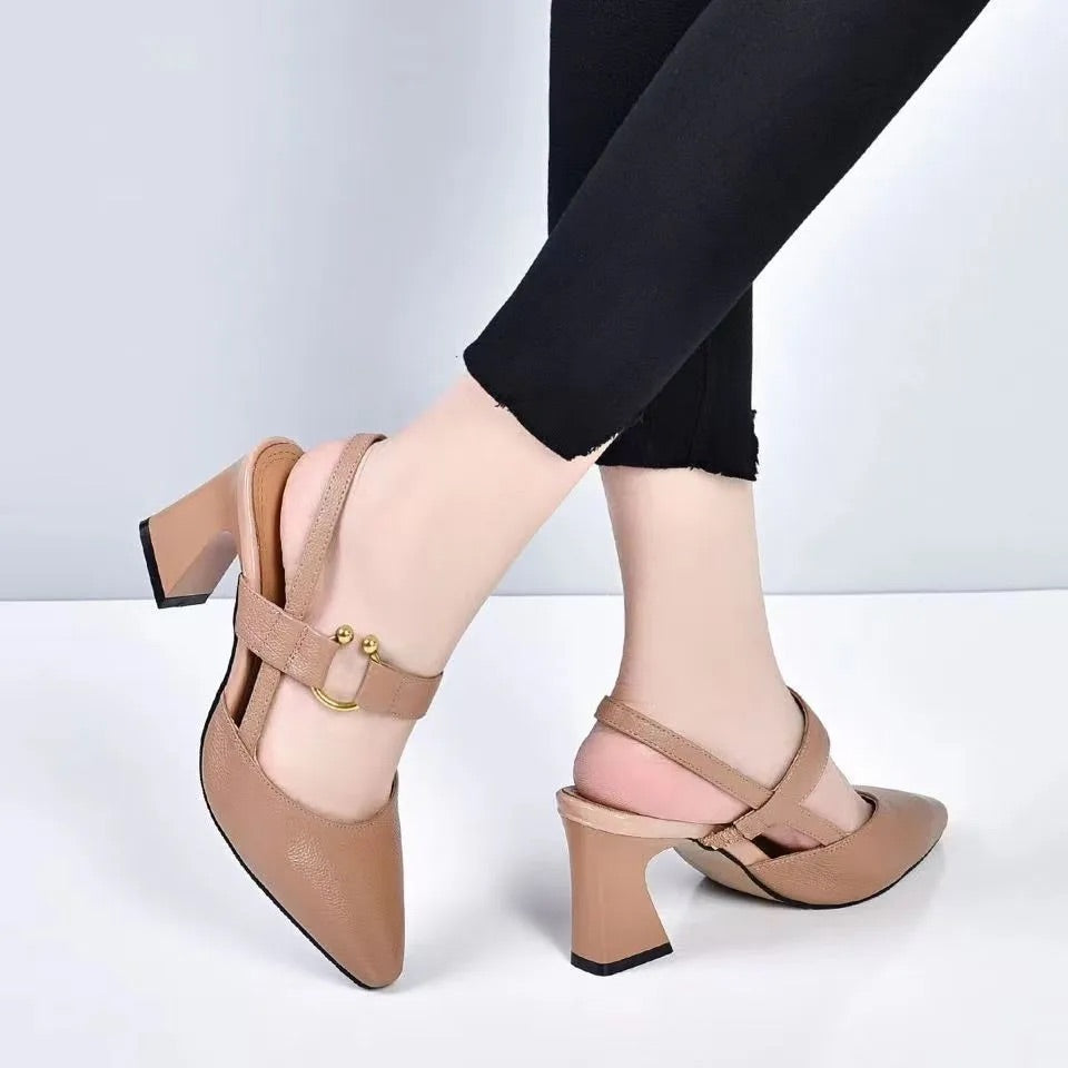 Women's Leather Chunky Heel Slingback Sandals