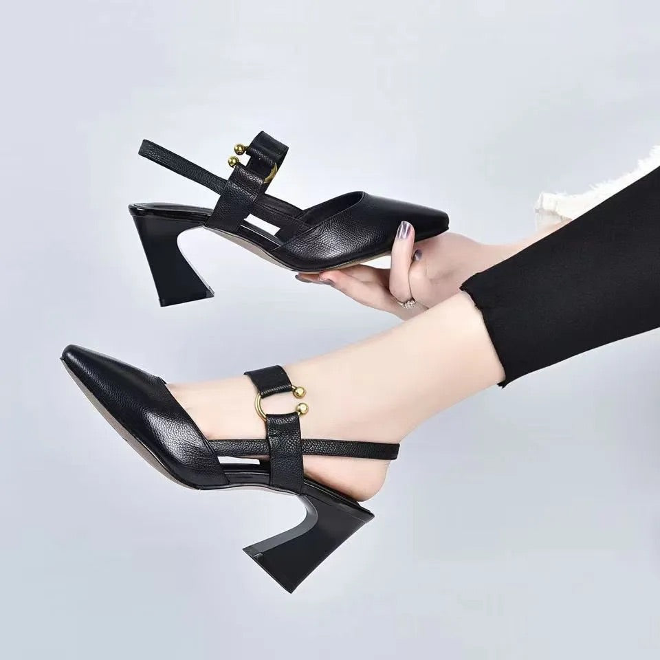 Women's Leather Chunky Heel Slingback Sandals