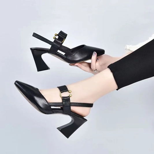 Women's Leather Chunky Heel Slingback Sandals